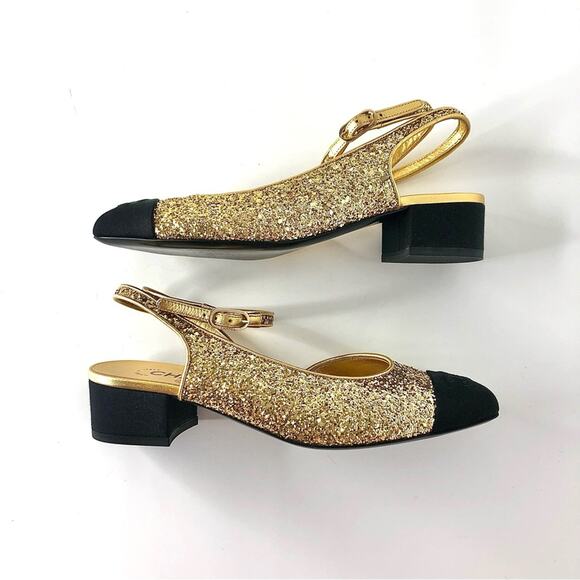 Chanel CC Logo Glitter and Grosgrain Cap Toe Slingback Platform Heel Pumps 37 - Picture 7 of 13